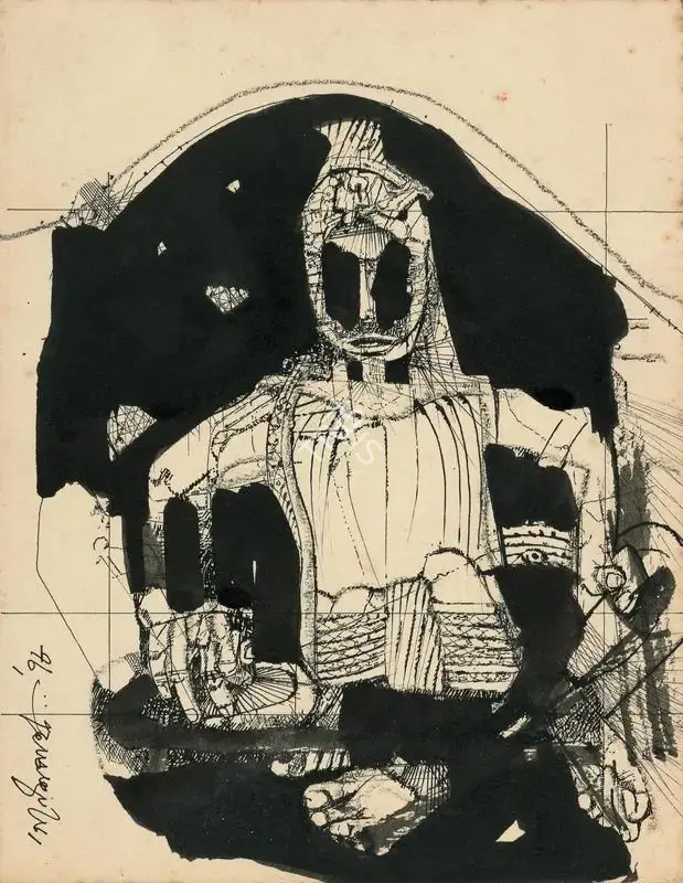 Ganesh Pyne (Artist), Seated Man, 1978, Painting