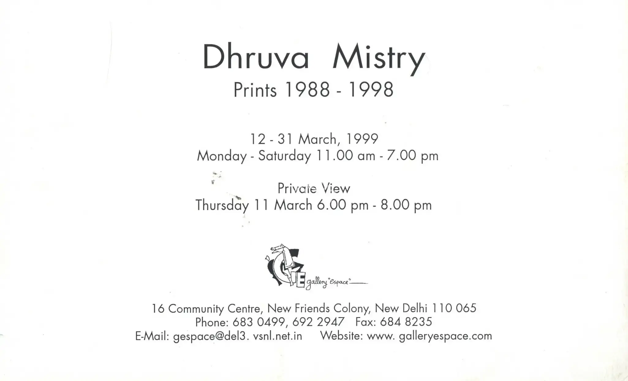 Dhruva Mistry (Artist), Dhruva Mistry, 1999, Solo Exhibition Invitation