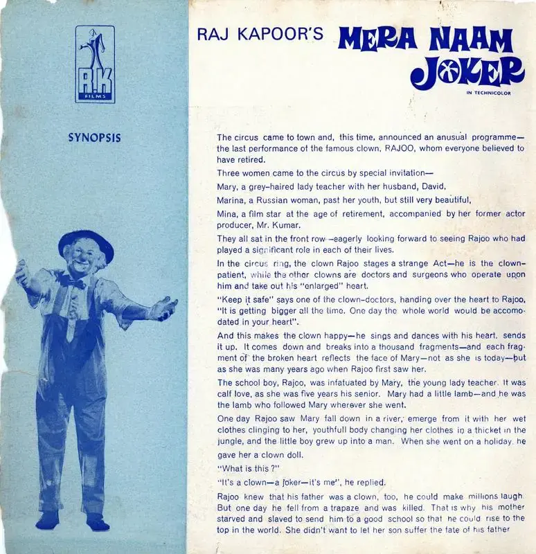 Raj Kapoor (Producer), Mera Naam Joker, 1970, Song Synopsis Booklet