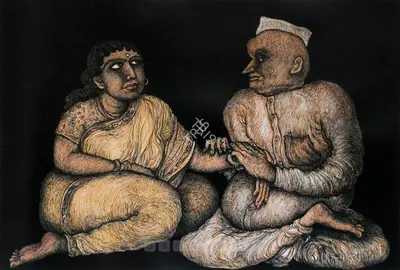 Chowdhury, Jogen (Artist). Couple A, 1984 | Drawing, Sa.Onl/06.12.07, 2007 · Saffronart