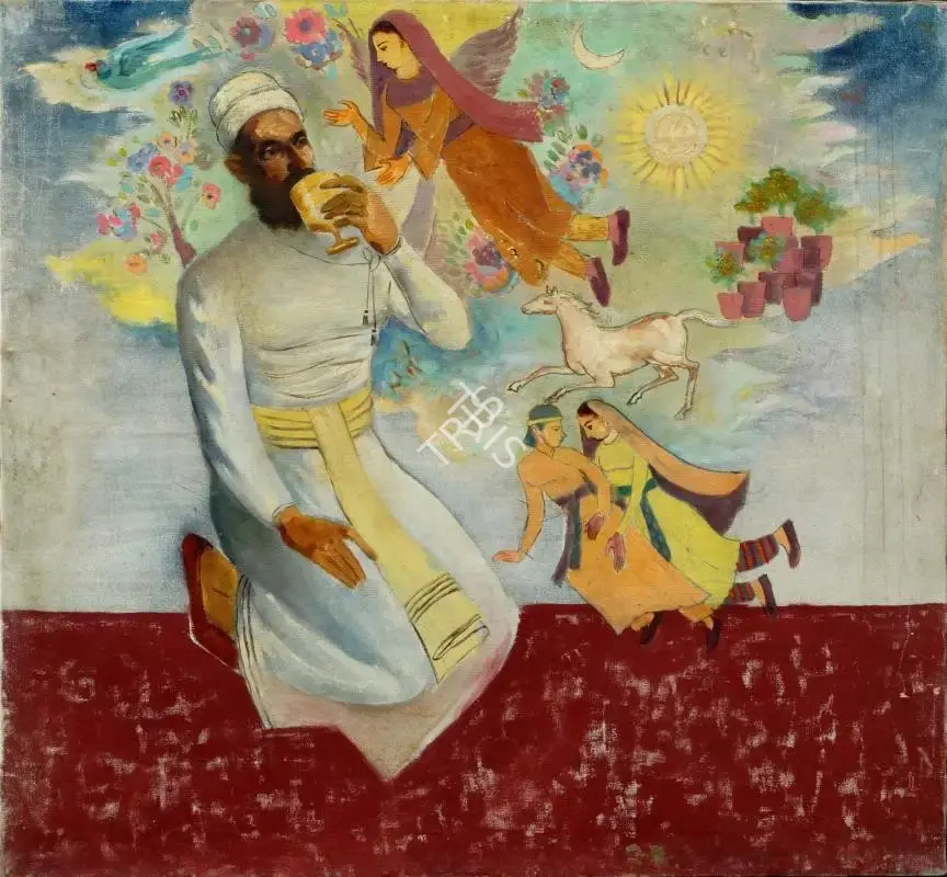 Naval J. Jijina (Artist), Untitled (Composition with four figures (blue bird, grey horse, sun and moon), Painting