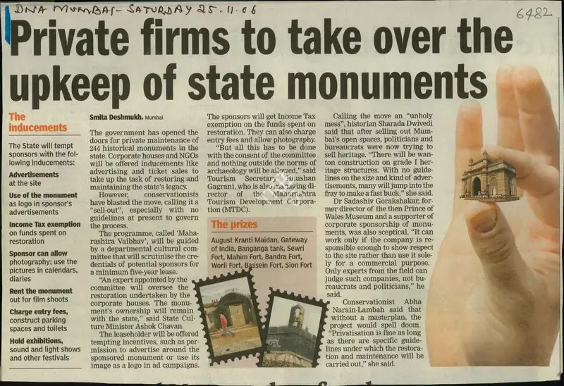 Smita Deshmukh (Reporter), Private firms to take over the upkeep of state Monuments, 2006, Newspaper Clipping