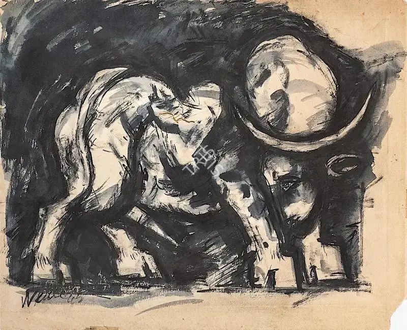 Nikhil Biswas (Artist), Bull, 1965, Painting