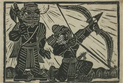 Chittaprosad (Artist), Rama snaps Parashurama's bow and his pride, 1975, Graphic Art
