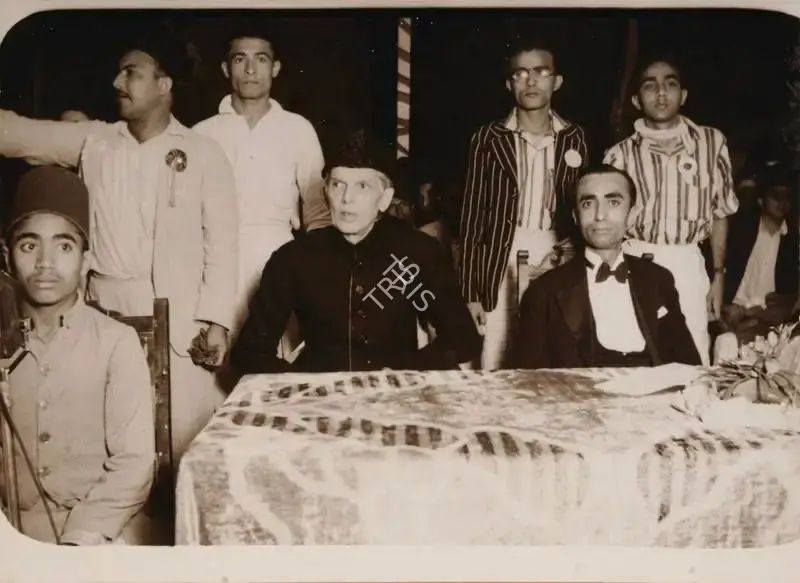 Aroon Studio (Photographic Studio), Mr. Mohd. Ali Jinnah at a mass meeting held at Porbandar 25 Jan 1940 for collecting funds for the Muslim League Press Fund, 1940, Antiquarian Photograph