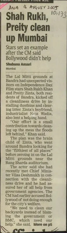 Shabana Ansari (Reporter), Shah Rukh, Preity clean up Mumbai, 2005, Newspaper Clipping