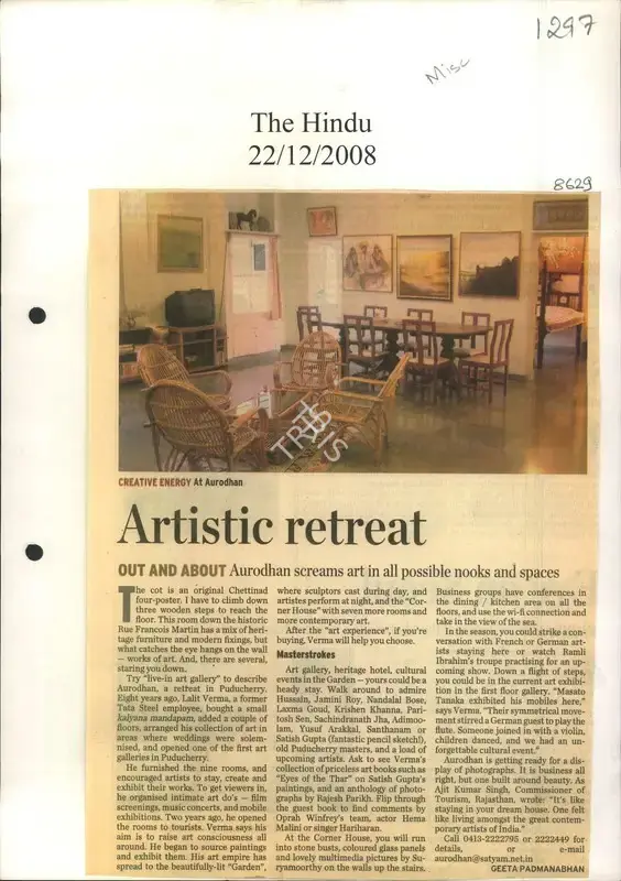 Geeta Padmanabhan (Reporter), Artistic Retreat, 2008, Newspaper Clipping