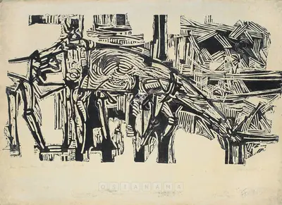 G.M. Sheikh (Artist), Man, Woman And Horse, 1963, Print