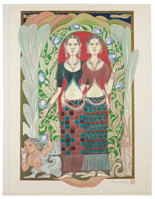 A. Ramachandran (Artist), Girls with Aparajita Flowers, 1996, Painting