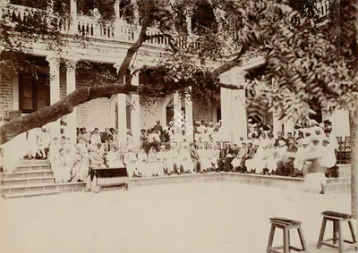 Studio Bourne & Shepherd (Photographic Studio), Prize Distribution at the Monghiba High School for Girls. His Highness the Maharaja Saheb of Bhavnagar presiding, 1909, Antiquarian Photograph
