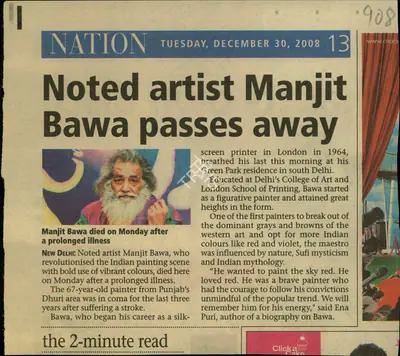 Noted Artist Manjit Bawa Passes Away, 2008, Newspaper Clipping