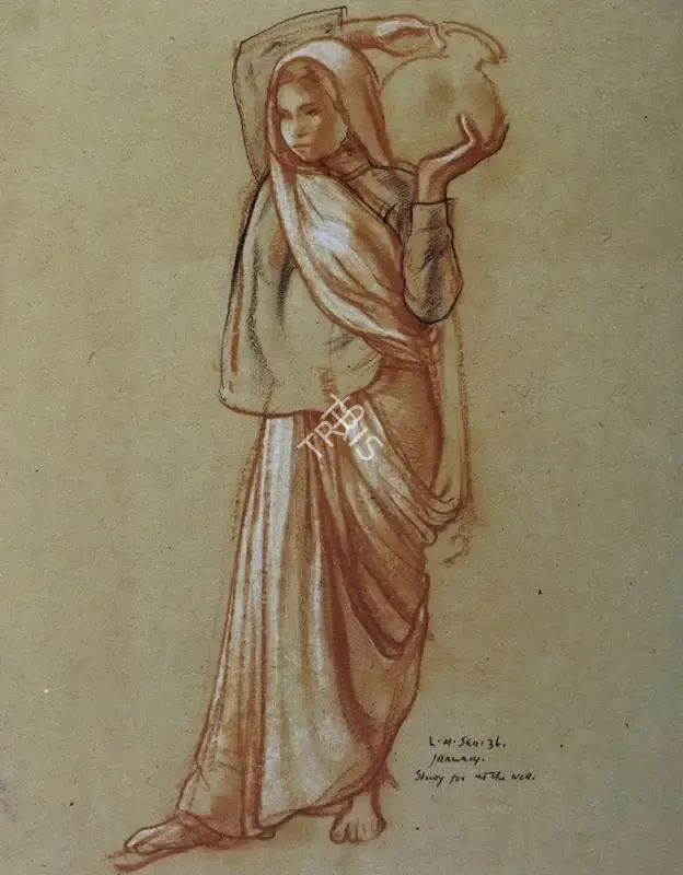 Lalit Mohan Sen (Artist), Woman with Pitcher, 1936, Drawing