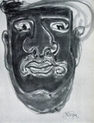 Rabindranath Tagore (Artist), The Virulent, Frustated Man, with the Sharp Chin, is Haunted by His Grim, Angry Mate, Painting