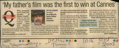 Jyothi Prabhakar (Reporter), My Father's film was the first to win at Cannes', 2005, Newspaper Clipping