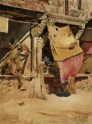 Edwin Lord Weeks (Artist), Old Shops and Carved Woodwork - Ahmedabad, India, 1882, Painting