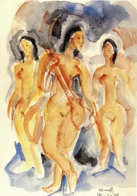 K.G. Subramanyan (Artist), Three Women, 1949, Painting