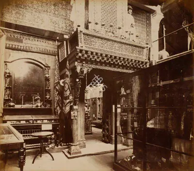 Shew Shankar Narayan (Photographer), The Baroda Wooden Gateway and Figures and the Nasic Window and Brass Work - Bombay Court, 1883, Antiquarian Photograph