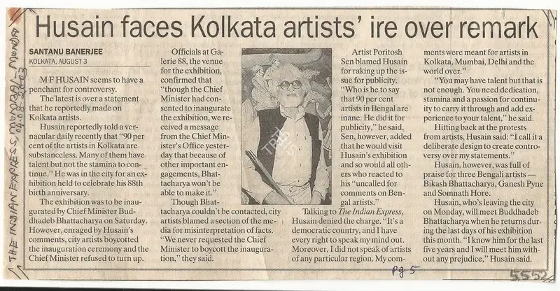 Santanu Banerjee (Reporter), Husain Faces Kolkata Artists' ire Over Remark, 2003, Newspaper Clipping