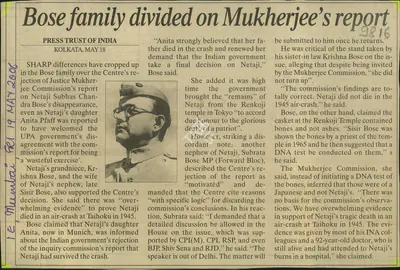 Bose Family Divided on Mukherjee's Report, 2006, Newspaper Clipping
