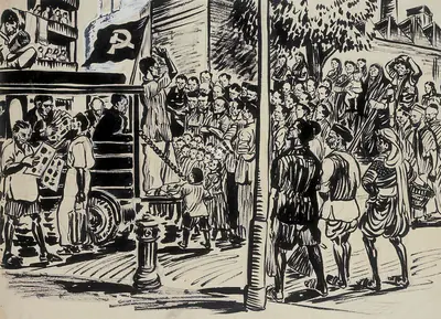 Chittaprosad (Artist), Political Gathering, 1948, Drawing