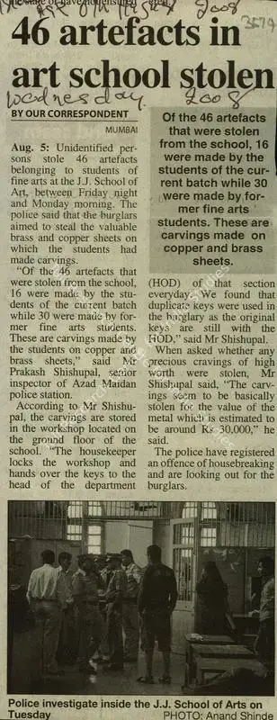 Anand Shinde (Photographer), 46 Artefacts in Art School Stolen, 2008, Newspaper Clipping