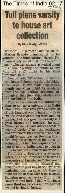 Nina Martyris (Reporter), Tuli plans Varsity to House art Collection, 2007, Newspaper Clipping