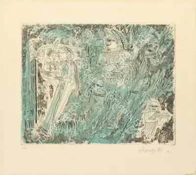 Laxman Pai (Artist), Untitled (Goa Mythology Narrative Blue Lovers), 1959, Graphic Art