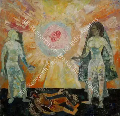 Naval J. Jijina (Artist), Untitled (Composition with three figures and the Sun), Painting