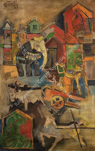 Husain, M.F. (Artist). Elephant in Town. Oil on canvas, 1961 | Painting | FineArts | 00336070
