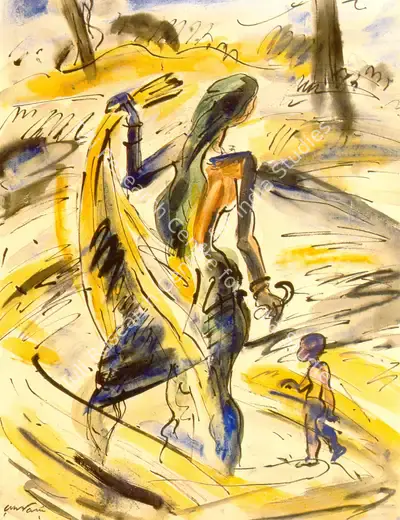 Baij, Ramkinkar (Artist). Woman Bathing A Child, n.d. | Painting, So.NeY/16.09.99