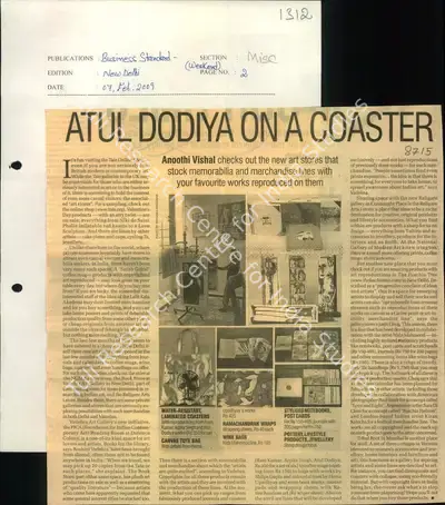 Anoothi Vishal (Reporter), Atul Dodiya On A Coaster, 2009, Newspaper Clipping