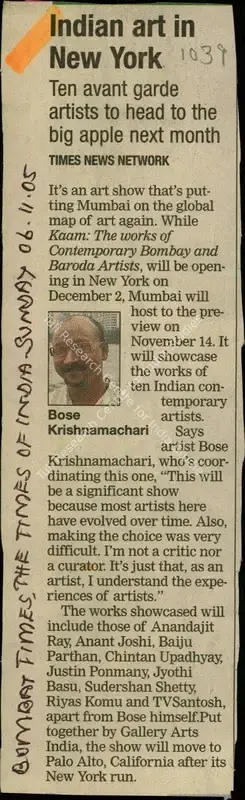 Bose Krishnamachari (Reporter), Indian Art in New York, 2005, Newspaper Clipping