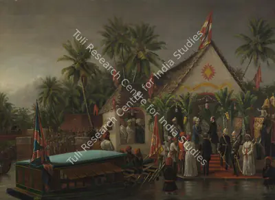 Raja Ravi Varma (Artist), The Maharaja of Travancore and his younger brother welcoming Richard Temple-Grenville, 3rd Duke of Buckingham and Chandos, Governor-General of Madras (1875-80), on his official visit to Trivandrum in 1880, 1881, Painting