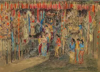 K.K. Hebbar (Artist), Untitled (At the temple gate, Bali), 1960, Painting