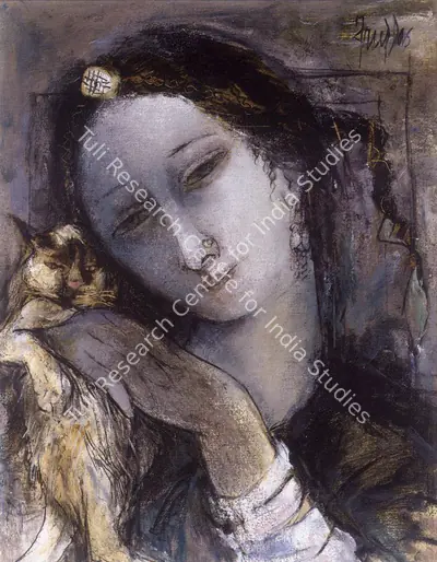 Arup Das (Artist), Girl With A Cat, Painting