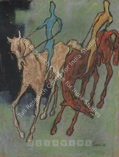Sunil Das (Artist), Horses And Riders, 1958, Painting