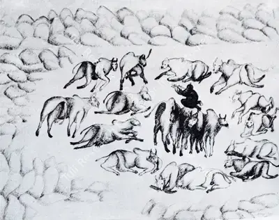 Manjit Bawa (Artist), Krishna and the Dancing Cows III, 1983, Drawing