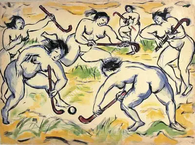 K.H. Ara (Artist), Ladies Playing Hockey, 1955, Painting