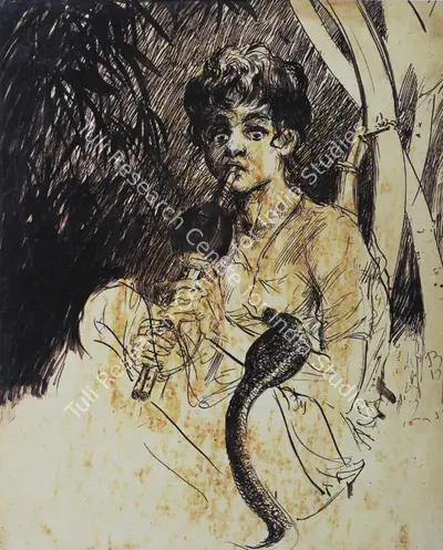 D.P. Roy Chowdhury (Artist), Snake Charmer, 1967, Drawing