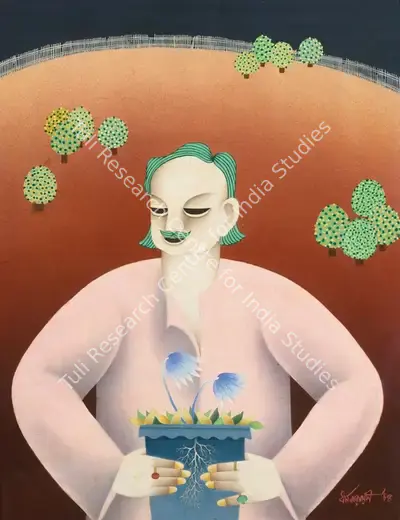 Dharmanarayan Dasgupta (Artist), Untitled (Man With Flower Pot), 1968, Painting