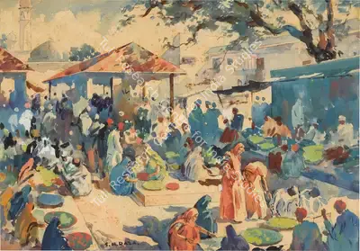 S.H. Raza (Artist), A Small town market where farmers are selling their produce, 1948, Painting