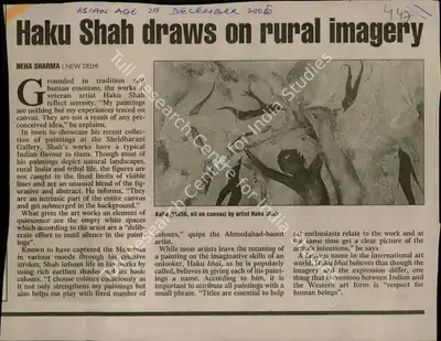 Neha Sharma (Reporter), Haku Shah Draws on Rural Imagery, 2005, Newspaper Clipping