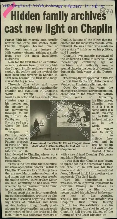 Hidden family Archives cast new light on Chaplin, 2005, Newspaper Clipping
