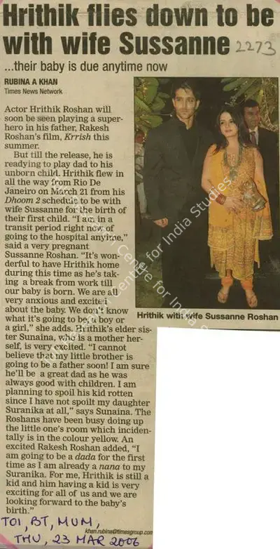 Rubina A. Khan (Reporter), Hrithik Files Down To Be With Wife Sussanne, 2006, Newspaper Clipping