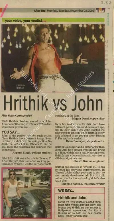 Megha Desai (Writer), Hrithik Vs John, 2006, Newspaper Clipping