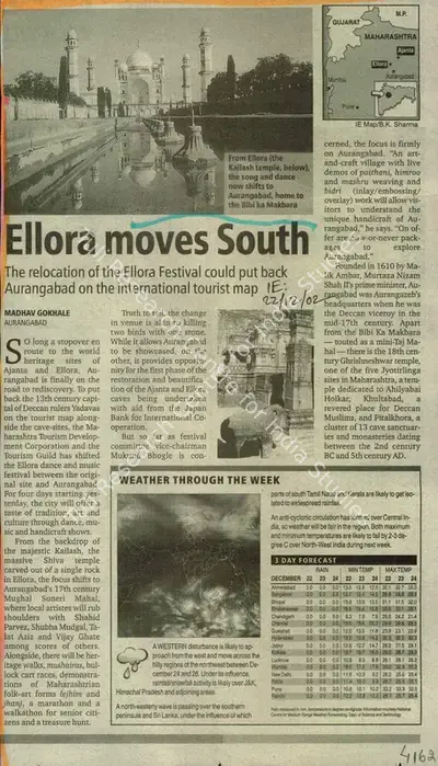 Madhav Gokhale (Reporter), Ellora Moves South, 2002, Newspaper Clipping