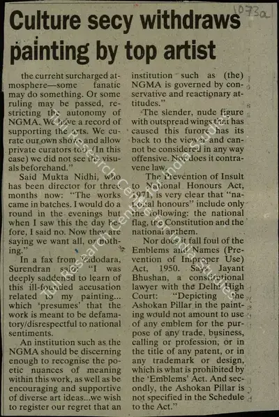 Renuka Narayanan (Reporter), Paranoid and Prude, babus Kill a Premier national Art Exhibition, 2000, Newspaper Clipping