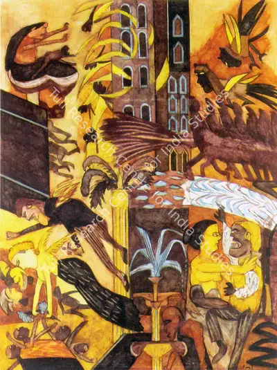 Subramanyan, K.G. (Artist). Pichvai 2-Firefighters, n.d. | Painting, Ch.Lon/02.06.98