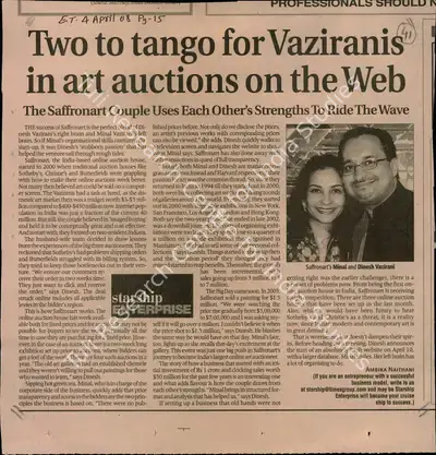 Ambika Naithani (Reporter), Two top Tango for Vaziranis in Art Aucions on the Web, 2008, Newspaper Clipping