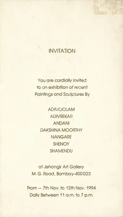 An Exhibition of Recent Paintings and Sculptures by Adimoolam, Adivrekar, Andani, Dakshina Moorthy, Nangare, Shenoy and Shamendu, 1994, Group Exhibition Invitation
